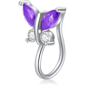 AOBOCO 925 Sterling Silver Butterfly Nose Rings Cuff for Non Pierced Nose Clip On Nose Ring with Simulated Birthstone