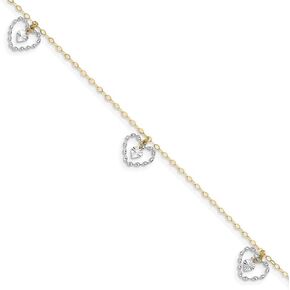 The Black Bow Black Bow Jewelry 14k Two-Tone Gold Dangling Double Heart Adjustable Anklet, 9 Inch
