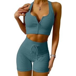 LNSK Workout Sets Ribbed Tank 2 Piece Cute Yoga Workout Set Seamless High Waist Gym Outfit Shorts