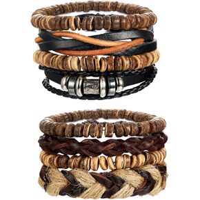 LOYALLOOK 8-34pcs Mens Leather Bracelet Wrap Cuff Bracelets with Hemp Cords Wood Beads Ethnic Tribal Believe Charm