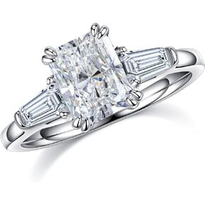 MOOSEA 3 Stone Moissanite Rings for Women, 2ct Radiant D Color VVS1 Clarity Lab Created Diamond Rings 14K White Gold Vermeil Double Claw Radiant Cut Moissanite 3 Stone Rings for Women Mom Wife Gifts
