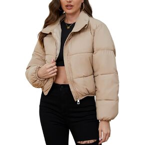 ايه ار اس اس ام جاكيت منتفخ قصير للنساء، معطف شتوي قصير منتفخ مبطن بسحاب كامل وياقة واقفة مع جيوب in Kuwait