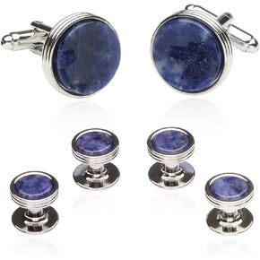 Blue Sodalite Tuxedo Shirt Cufflinks Studs Formal Set for Men with Travel Gift Box Lapis Lazuli Blue Cufflinks and Studs