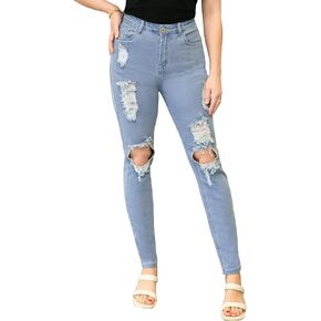 Anna-Kaci Womens High Waist Skinny Ripped Cut Out Pancil Solid Jeans Denim Pants
