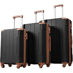 3 Pieces Hardshell Luggage Sets 20"+24''+28" Luggages Spinner Suitcase With TSA Lock Lightweight Luggage Set For Women Men Outdoor Travel Black+Brown 16