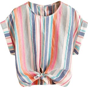 WDIRARA Girl's Striped Round Neck Short Sleeve Knot Hem Blouse Summer Casual Tops