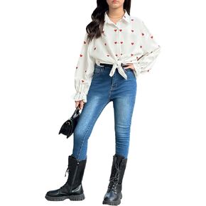 OYOANGLE Girl's Cute Heart Print Flounce Long Sleeve Button Down Collared Blouse Shirt Tops