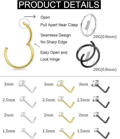 18 قطعة 20 جرام 316L حلقات الأنف من الفولاذ المقاوم للصدأ هوب للنساء والرجال تشيكوسلوفاكيا الأنف ترصيع الفرس يتوقف الأنف الأطواق مزدوجة الأنف الدائري الثقب مجوهرات in Kuwait