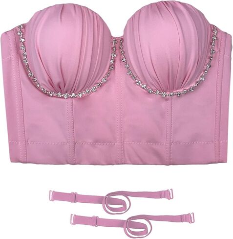 بلوزة ELLACCI نسائية ذات ثنيات للثدي مع مشد بسلسلة من أحجار الراين والماس باللون الوردي in Kuwait