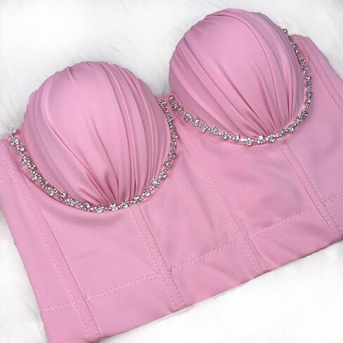 بلوزة ELLACCI نسائية ذات ثنيات للثدي مع مشد بسلسلة من أحجار الراين والماس باللون الوردي in Kuwait