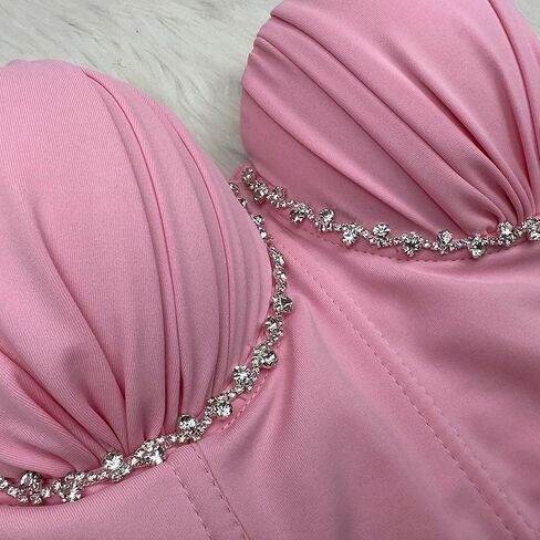 بلوزة ELLACCI نسائية ذات ثنيات للثدي مع مشد بسلسلة من أحجار الراين والماس باللون الوردي in Kuwait