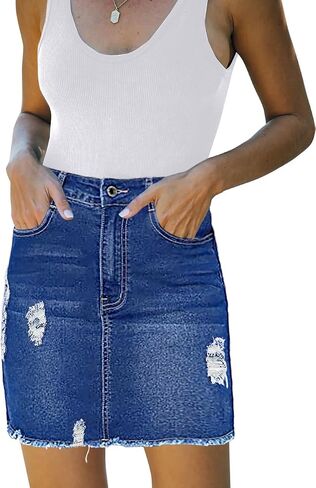 Necooer Womens Denim Skirt Mini Casual Distressed Short Skirt Washed Frayed Stretchy Pencil Jean Skirts with Pocket in Saudi Arabia