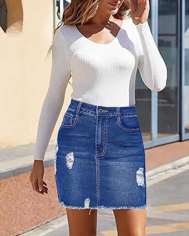 Necooer Womens Denim Skirt Mini Casual Distressed Short Skirt Washed Frayed Stretchy Pencil Jean Skirts with Pocket in Saudi Arabia