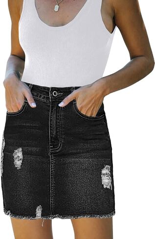 Necooer Womens Denim Skirt Mini Casual Distressed Short Skirt Washed Frayed Stretchy Pencil Jean Skirts with Pocket in Saudi Arabia