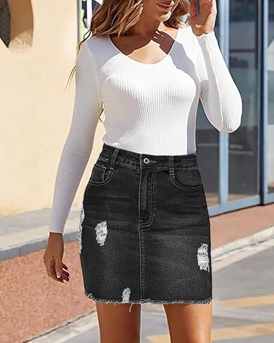 Necooer Womens Denim Skirt Mini Casual Distressed Short Skirt Washed Frayed Stretchy Pencil Jean Skirts with Pocket in Saudi Arabia