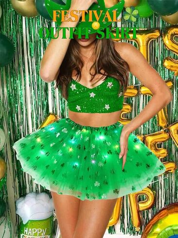 Nicute Light Up Tutu Skirt St. Patrick's Day Tutu Skirt LED Sparkly Irish Clover Festival Party Tutu Skirt Costume for Adult in Kuwait