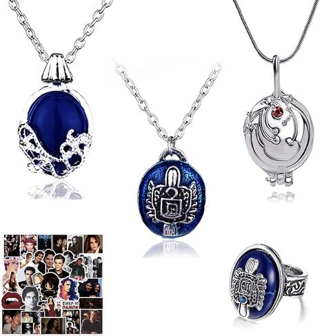 14 pcs The Vampire Diaries Sticker Elena Gilbert Opening Vervain Locket Pendant Necklace Daywalking Katherine Necklace Signet Damon's Ring Set in Saudi Arabia