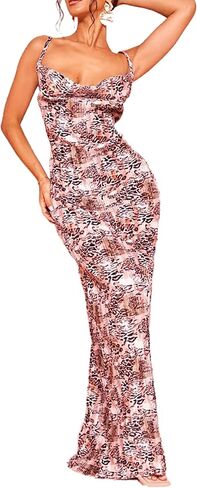 Cowl Neck Printed Plisse Maxi Dress Sleeveless Tank Dress Summer Beach Dresses in Saudi Arabia