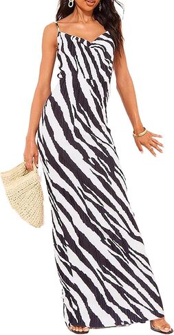 Cowl Neck Printed Plisse Maxi Dress Sleeveless Tank Dress Summer Beach Dresses in Saudi Arabia