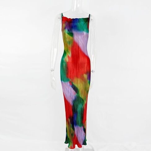 Cowl Neck Printed Plisse Maxi Dress Sleeveless Tank Dress Summer Beach Dresses in Saudi Arabia