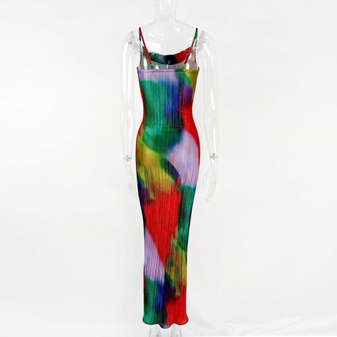 Cowl Neck Printed Plisse Maxi Dress Sleeveless Tank Dress Summer Beach Dresses in Saudi Arabia