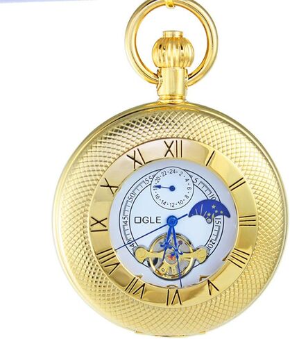 OGLE Waterproof Classics Roman Tourbillon Phases Moon Chain Fob Skeleton Automatic Mechanical Pocket Watch in Saudi Arabia