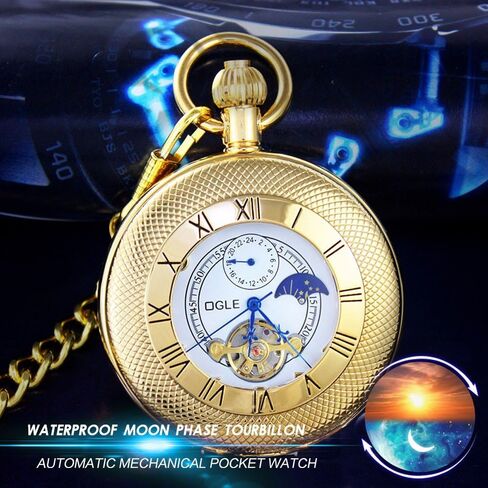OGLE Waterproof Classics Roman Tourbillon Phases Moon Chain Fob Skeleton Automatic Mechanical Pocket Watch in Saudi Arabia