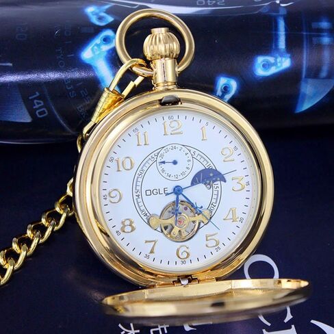 OGLE Waterproof Classics Roman Tourbillon Phases Moon Chain Fob Skeleton Automatic Mechanical Pocket Watch in Saudi Arabia