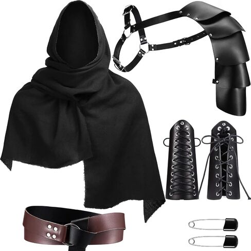 Unittype 6 Pcs Halloween Knight Costume Men Includes Medieval Retro Shawl, Shoulder Cover Cape, Leather Belt, Buckle Bracers, Drawstring Bag and Pins Accessories for Halloween Cosplay Party, Black in Saudi Arabia