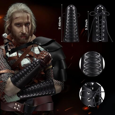 Unittype 6 Pcs Halloween Knight Costume Men Includes Medieval Retro Shawl, Shoulder Cover Cape, Leather Belt, Buckle Bracers, Drawstring Bag and Pins Accessories for Halloween Cosplay Party, Black in Saudi Arabia
