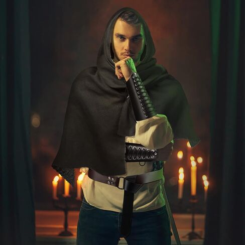 Unittype 6 Pcs Halloween Knight Costume Men Includes Medieval Retro Shawl, Shoulder Cover Cape, Leather Belt, Buckle Bracers, Drawstring Bag and Pins Accessories for Halloween Cosplay Party, Black in Saudi Arabia