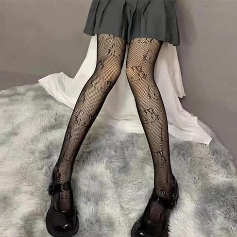 جوارب طويلة منقوشة بنمط شبكة صيد السمك للنساء من كافال بلون اسود بنمط هللو كيتي، جوارب طويلة مزينة بالزهور لارتداء جوارب هالو كيتي سيكون اكثر جمالا، اسود كيه، S-XL in Kuwait