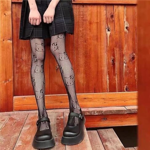 جوارب طويلة منقوشة بنمط شبكة صيد السمك للنساء من كافال بلون اسود بنمط هللو كيتي، جوارب طويلة مزينة بالزهور لارتداء جوارب هالو كيتي سيكون اكثر جمالا، اسود كيه، S-XL in Kuwait