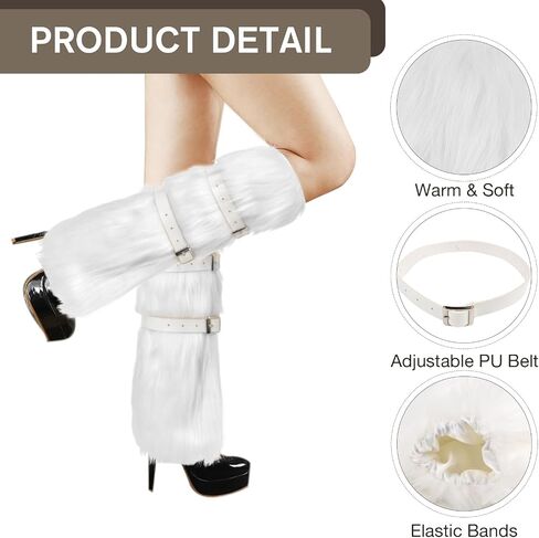 QZUnique Faux Fur Leg Warmer with PU Belt Warm Furry Winter Boot Cuff Covers Women Fuzzy Leg Sleeves Party Accessory Set in Saudi Arabia