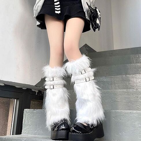 QZUnique Faux Fur Leg Warmer with PU Belt Warm Furry Winter Boot Cuff Covers Women Fuzzy Leg Sleeves Party Accessory Set in Saudi Arabia