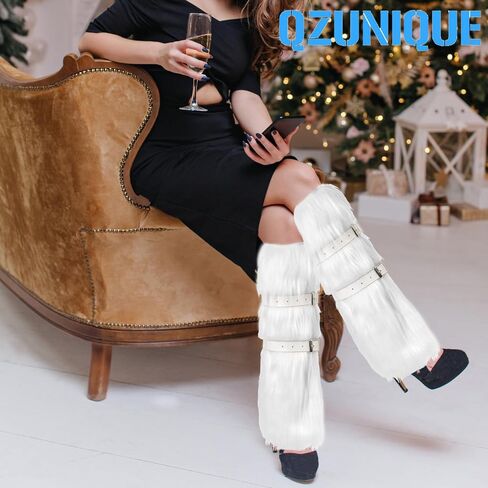 QZUnique Faux Fur Leg Warmer with PU Belt Warm Furry Winter Boot Cuff Covers Women Fuzzy Leg Sleeves Party Accessory Set in Saudi Arabia