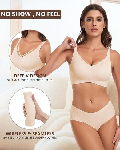 SERSARY Women Wireless Seamless Bra Full Coverage Wavy Padded No Underwire Comfort V Neck Smooth Bralettes in Saudi Arabia