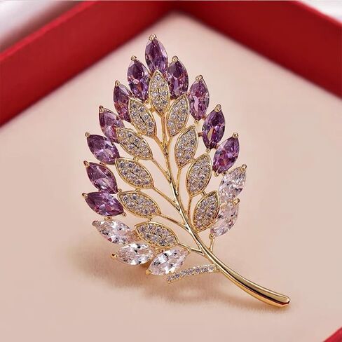 Rhinestone Leaf Brooch for Women Girls Purple Crystal CZ Leaf Corsage Badge Pin Lapel Pins Shawl Clip Clothing Hat Bag Accessories in Saudi Arabia