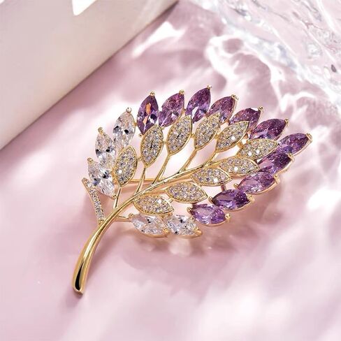 Rhinestone Leaf Brooch for Women Girls Purple Crystal CZ Leaf Corsage Badge Pin Lapel Pins Shawl Clip Clothing Hat Bag Accessories in Saudi Arabia