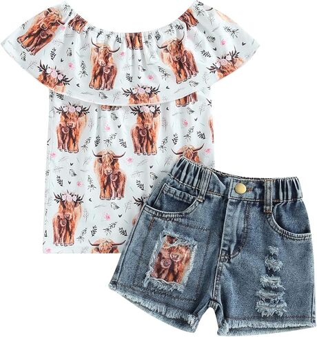 Ledy Champswiin Toddler Girl Summer Clothes Set Floral T-shirts+Denim Shorts 1T 2T 3T 4T 5T 6T Kids Girl Outfits in Saudi Arabia