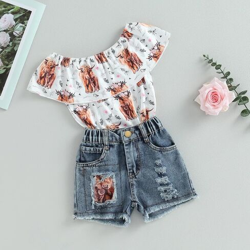 Ledy Champswiin Toddler Girl Summer Clothes Set Floral T-shirts+Denim Shorts 1T 2T 3T 4T 5T 6T Kids Girl Outfits in Saudi Arabia