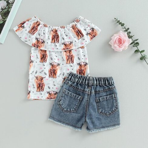 Ledy Champswiin Toddler Girl Summer Clothes Set Floral T-shirts+Denim Shorts 1T 2T 3T 4T 5T 6T Kids Girl Outfits in Saudi Arabia