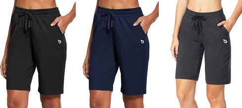 BALEAF Women's 10" Bermuda Shorts Bundle Knee Length Cotton Casual Summer Long Pull On Lounge Walking Exercise Shorts with Pockets Black & Navy & Charocal Size M in Saudi Arabia