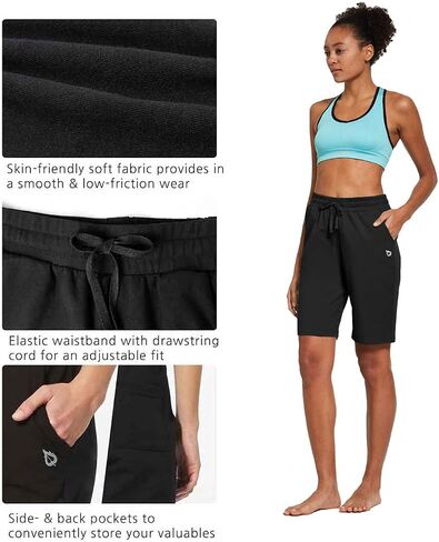 BALEAF Women's 10" Bermuda Shorts Bundle Knee Length Cotton Casual Summer Long Pull On Lounge Walking Exercise Shorts with Pockets Black & Navy & Charocal Size M in Saudi Arabia