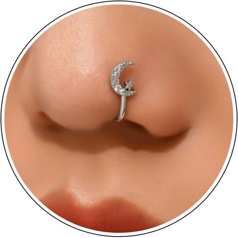 CZ Fake Nose Ring for Women Gold Moon Star Septum Nose Rings Indian U Shaped Clip on Nose Cuff Faux Diamond Moon Star Bendable Nose Ring Stud Non Piercing Body Halloween Jewelry in Saudi Arabia