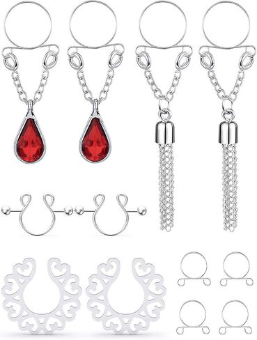 Hoeudjo 4 Pairs Non-Piercing Nipple Rings for Women Fake Nipplerings Piercings Clip On Nipple Rings 316L Stainless Steel Faux Dangle Nipple Jewelry in Saudi Arabia