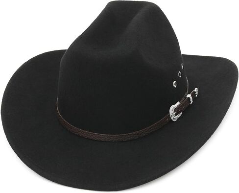 قبعة رعاة البقر من الصوف بنسبة 100% من GEMVIE، قبعة رعاة البقر سوداء للنساء والرجال، قبعة رعاة البقر ذات حافة واسعة in Kuwait