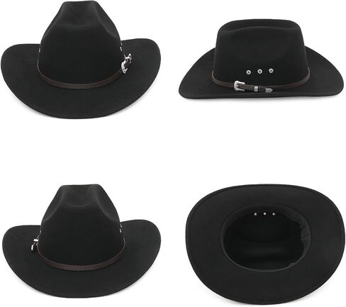 قبعة رعاة البقر من الصوف بنسبة 100% من GEMVIE، قبعة رعاة البقر سوداء للنساء والرجال، قبعة رعاة البقر ذات حافة واسعة in Kuwait