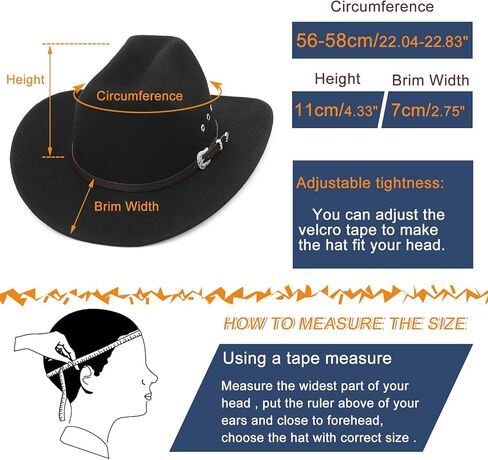 قبعة رعاة البقر من الصوف بنسبة 100% من GEMVIE، قبعة رعاة البقر سوداء للنساء والرجال، قبعة رعاة البقر ذات حافة واسعة in Kuwait