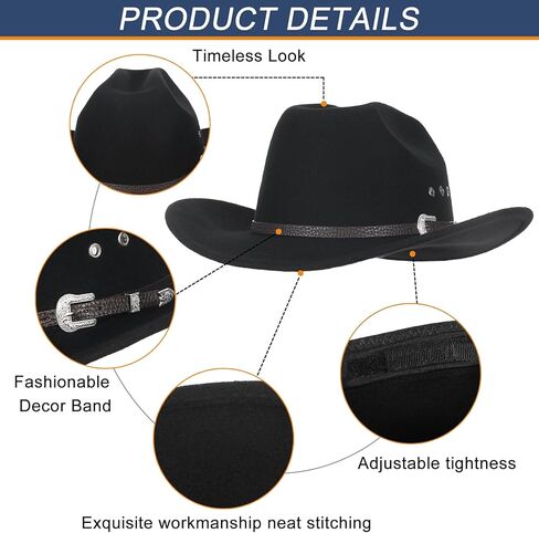 قبعة رعاة البقر من الصوف بنسبة 100% من GEMVIE، قبعة رعاة البقر سوداء للنساء والرجال، قبعة رعاة البقر ذات حافة واسعة in Kuwait